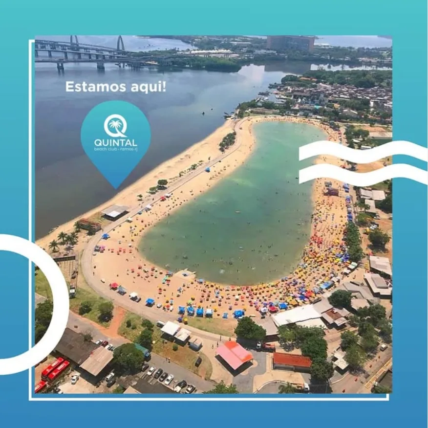 Vista aérea do Piscinão de Ramos com a localização do Quintal indicada na orla
